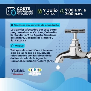 El viernes 07 de julio no habrá servicio de agua en algunos barrios de Yopal