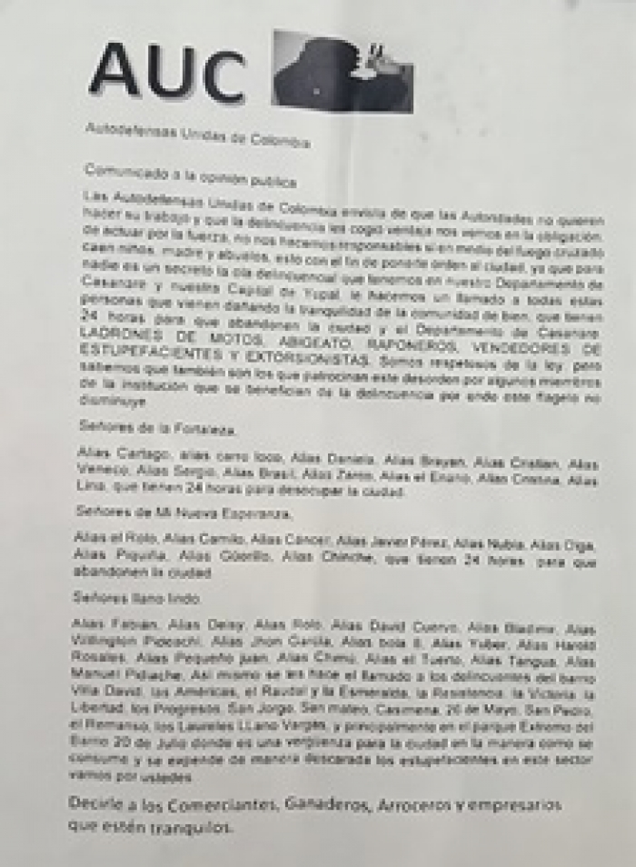 Con panfletos grupo armado amenazó con hacer “limpieza social” en Yopal
