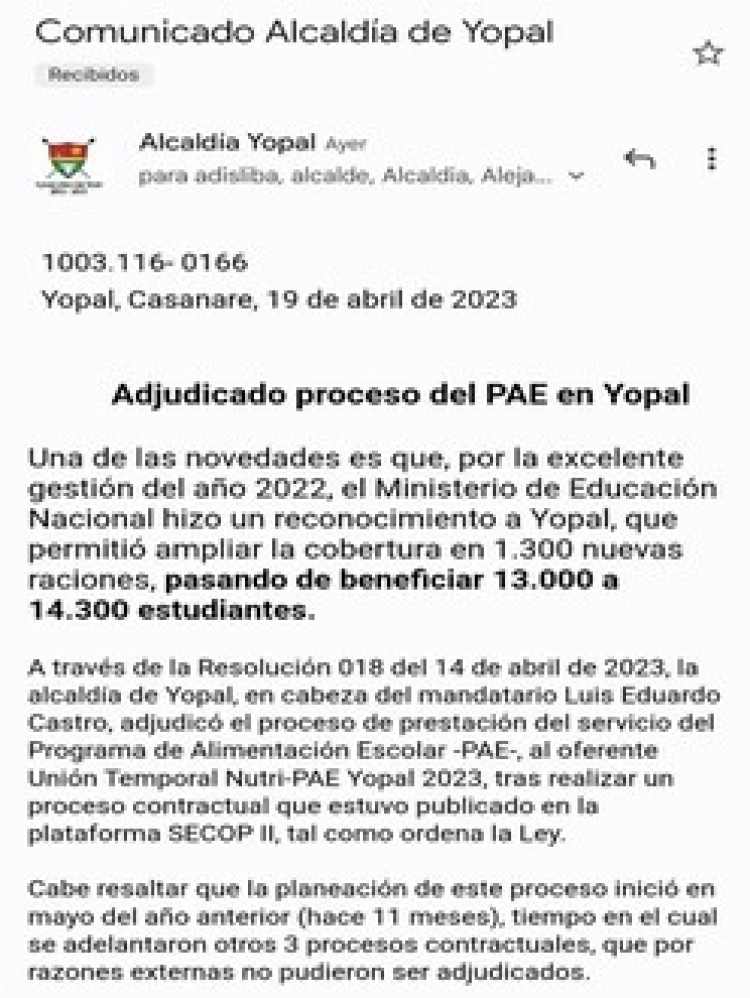 Nutri-PAE será la unión temporal encargada del PAE en Yopal