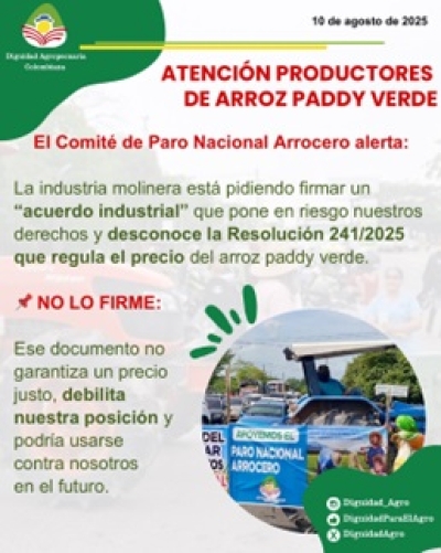 Comité del paro arrocera insta los productores a no firmar “propuesta de acuerdo industrial” con los molineros