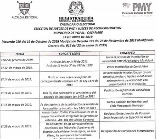 Listo cronograma para elecciones de Jueces de Paz y Reconsideración de Yopal