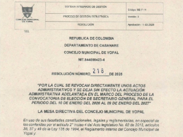 Concejo de Yopal revoca elección de secretario general