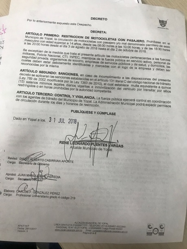 Durante dos meses en Yopal estará restringido el parrillero hombre en ciertos horarios