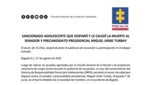 Adolescente de 15 años sancionado por homicidio del senador Miguel Uribe Turbay en Bogotá