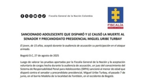 Adolescente de 15 años sancionado por homicidio del senador Miguel Uribe Turbay en Bogotá