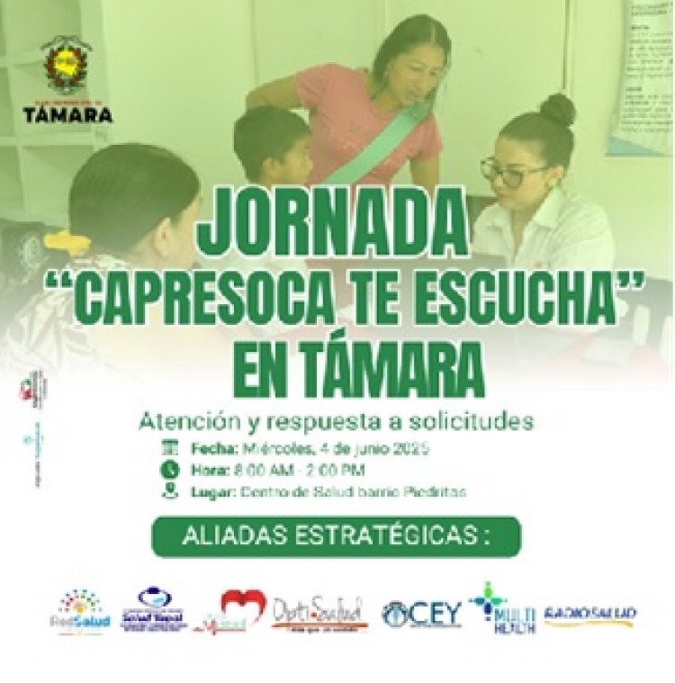 Capresoca lleva jornada de atención en salud a Támara el 4 de junio