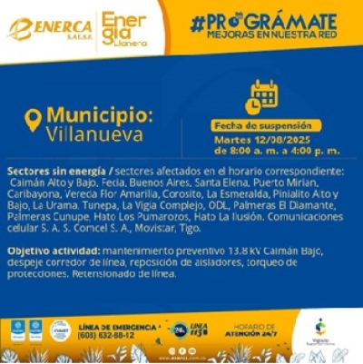 Enerca anuncia cortes de energía en varios sectores del departamento por trabajos de mantenimiento
