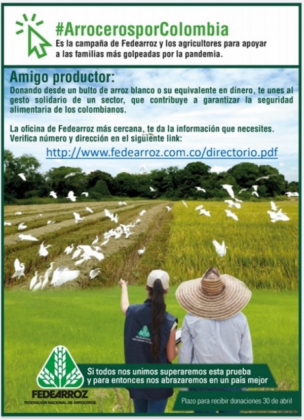 “Arroceros por Colombia”, campaña de solidaridad de Fedearroz