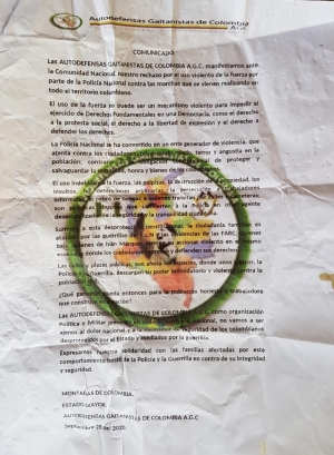 Panfletos con logos de las Autodefensas Gaitanistas de Colombia AGC aparecieron en varios municipios de Casanare