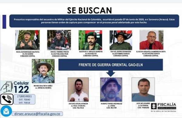 Ordenan captura del comando central del ELN por secuestro de suboficial del Ejército