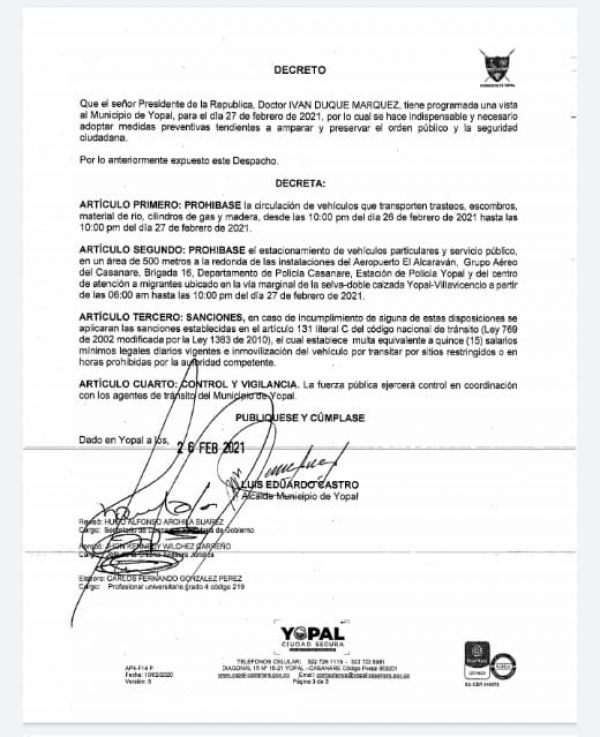 Nuevas medidas para la conservación del orden público en Yopal