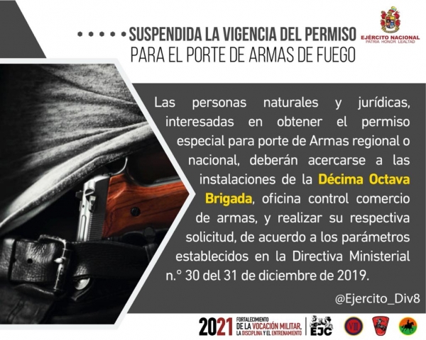 Suspendida la vigencia del permiso para el porte de armas de fuego en Arauca, Cubará y el corregimiento de Samoré.