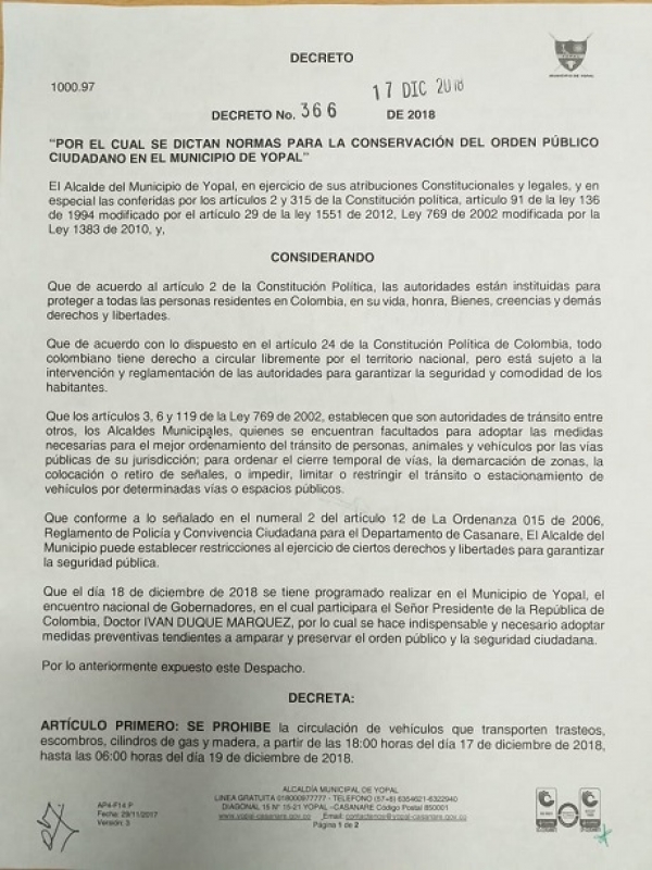 Prohibido los trasteos en Yopal por visita presidencial