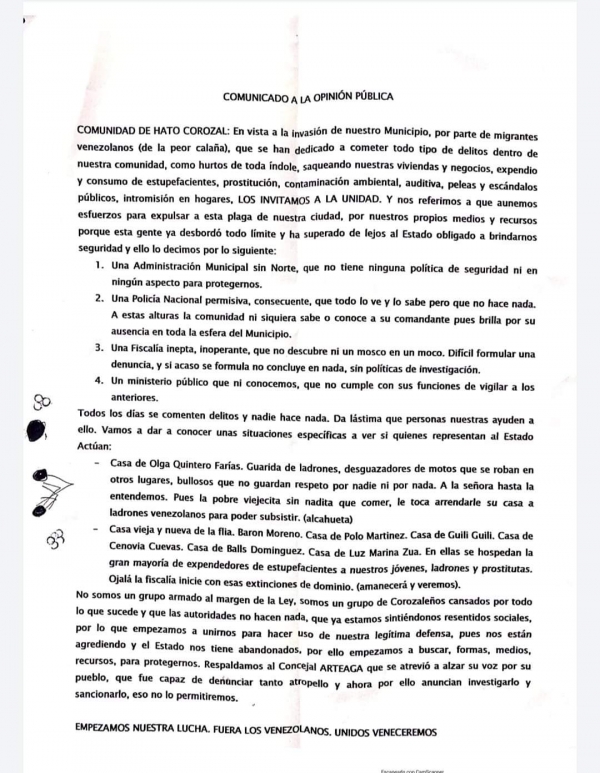 Panfleto que circula en Hato Corozal promueve expulsión de venezolanos y creación de autodefensas