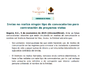 Invías advierte sobre falsas convocatorias laborales