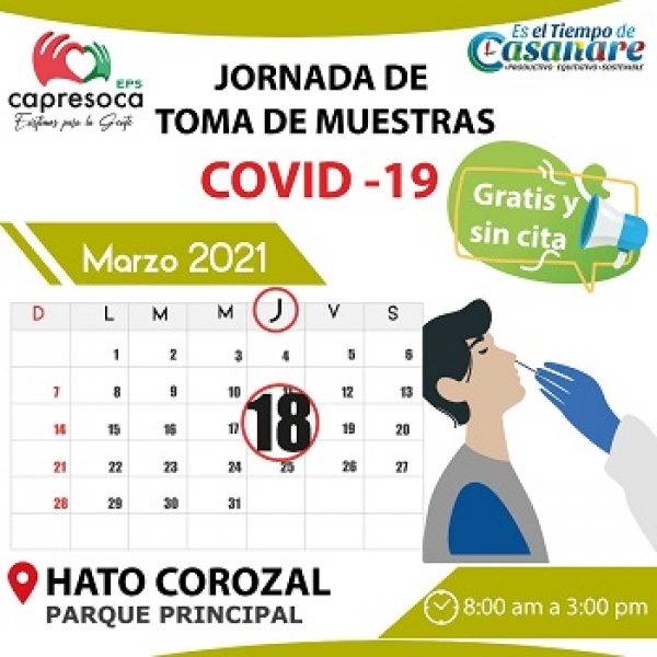 Hoy, toma de muestras para detectar Covid19 en Hato Corozal