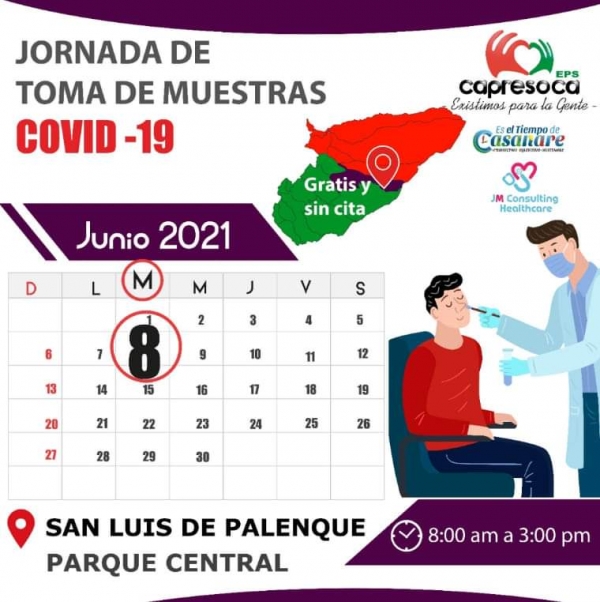 Hoy jornada de toma de muestras gratuitas COVID 19  en San Luis de Palenque