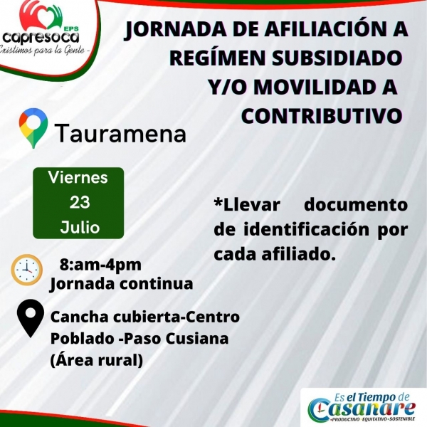 Hoy viernes, Capresoca adelanta jornada de afiliación en Tauramena