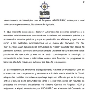 Procuraduría pide suspender convenio Yopal–Asosupro por vulneración de derechos colectivos y tributos omitidos