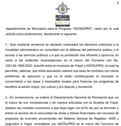 Procuraduría pide suspender convenio Yopal–Asosupro por vulneración de derechos colectivos y tributos omitidos