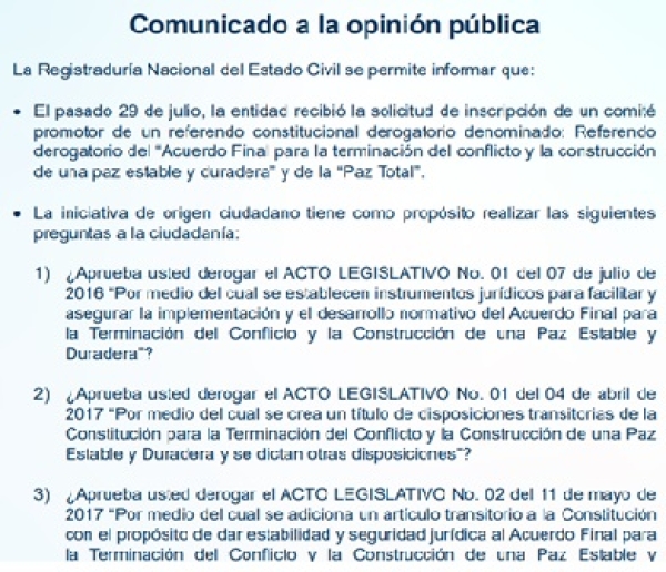 Registraduría recibió solicitud de referendo para derogar acuerdos de paz