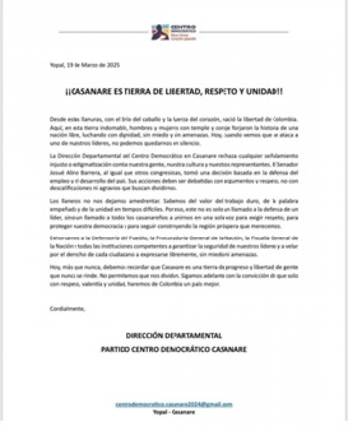 Directiva departamental del Centro Democrático exigió respeto para el senador Alirio Barrera