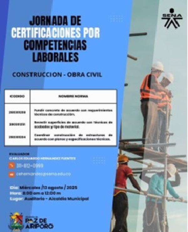 En Paz de Ariporo se realizará jornada de certificaciones por competencias laborales