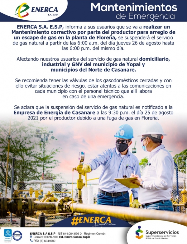 Suspensión del servicio de gas este jueves en varios municipios de Casanare