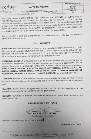 EAAAY levanta embargo a la Alcaldía de Yopal