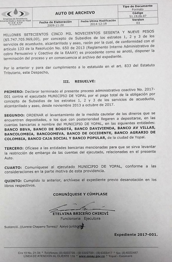 EAAAY levanta embargo a la Alcaldía de Yopal