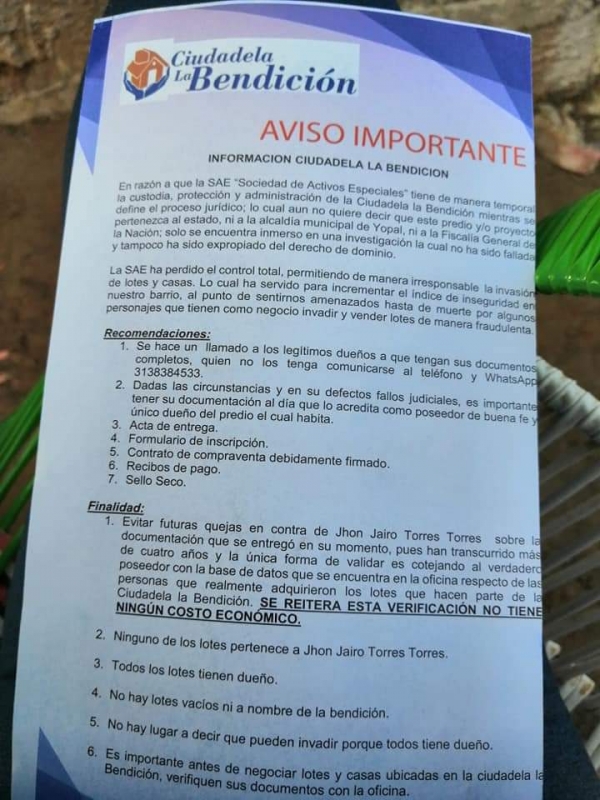 Alcaldía alerta a la comunidad de La Bendición sobre particulares que piden dinero para promesas de titulación