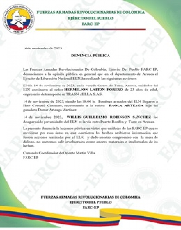 FARC señaló al ELN como responsable del homicidio de Hermilson Laiton y el secuestro de Paola Arteaga