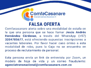 Comfacasanare alerta sobre estafa laboral con falsa oferta de empleo difundida por WhatsApp y Zoom
