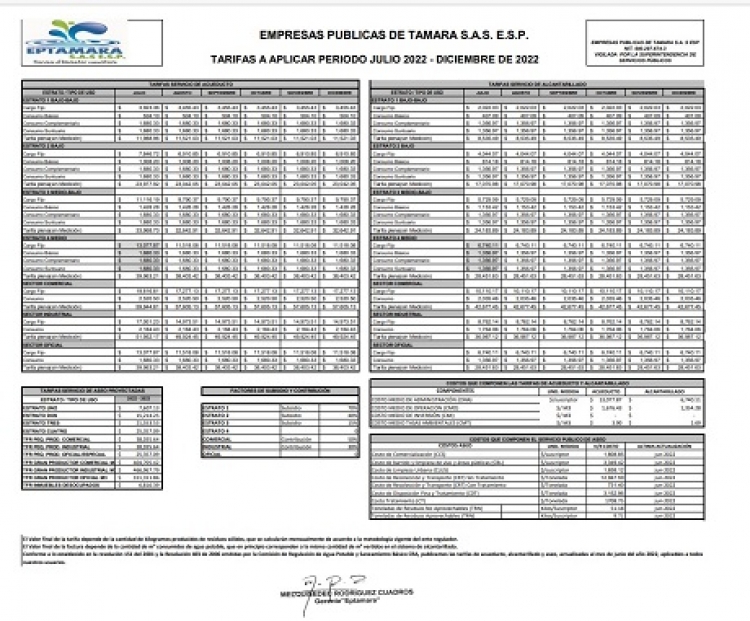 Se actualizan tarifas de servicios de acueducto, alcantarillado y aseo a aplicar desde julio en Támara