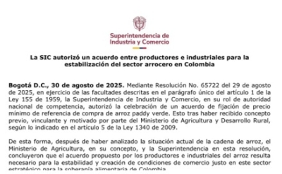 Superintendencia de industria y comercio autorizó acuerdo para la estabilización del precio del arroz