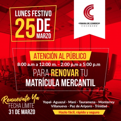 Cámara de Comercio tendrá atención al público este lunes festivo