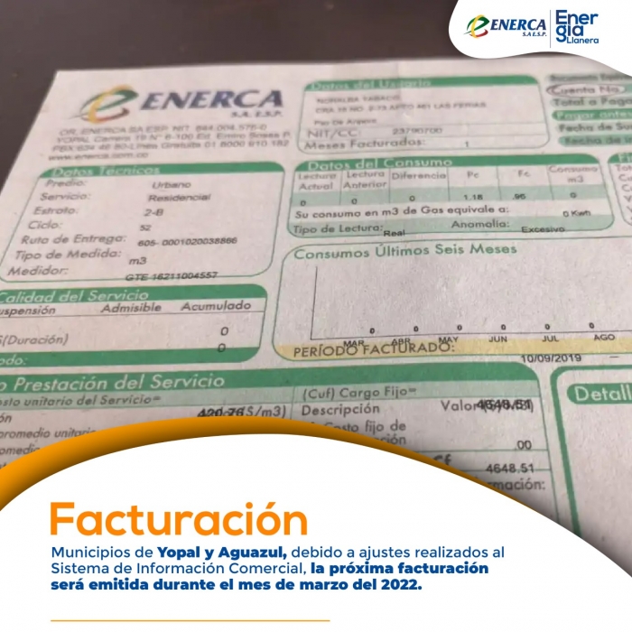 Enerca: facturación del sector rural de Aguazul y Yopal será emitida durante el mes de marzo del 2022.