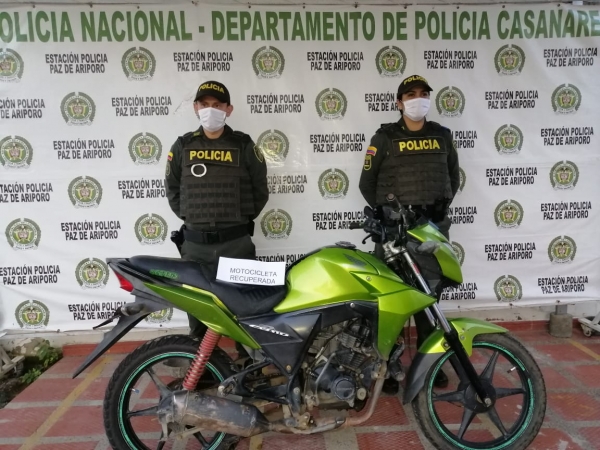 Policía recuperó motocicleta robada en Paz de Ariporo