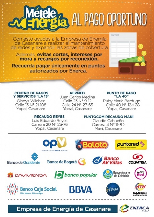 Enerca recuerda los puntos autorizados para el pago de facturas