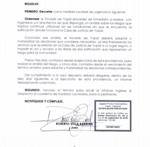 Juez ordenó soluciones para la Casa de Justicia de Yopal