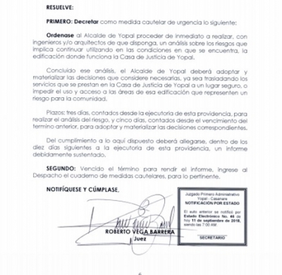 Juez ordenó soluciones para la Casa de Justicia de Yopal