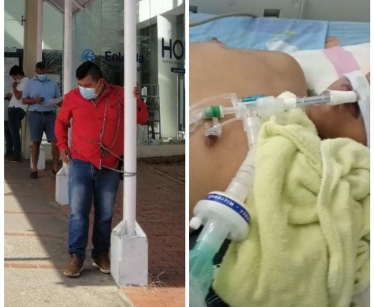 Carlos Vivas se encadenó para suplicar a la Nueva EPS el traslado de su hijo de 13 años, a un hospital de mayor complejidad