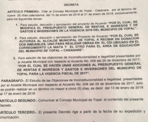 A extras fue llamado el Concejo de Yopal, para debatir modificación al presupuesto