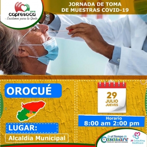 Hoy, jueves pruebas gratuitas de COVID-19 en Orocué