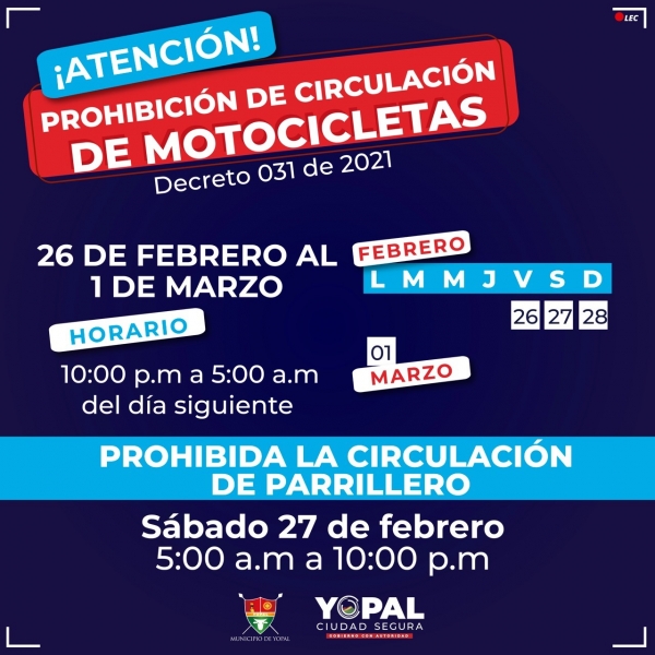 Habrá restricciones de motocicletas durante el fin de semana en Yopal