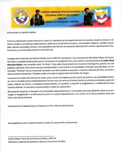 Disidencias de las FARC se atribuyeron homicidio registrado en Pore