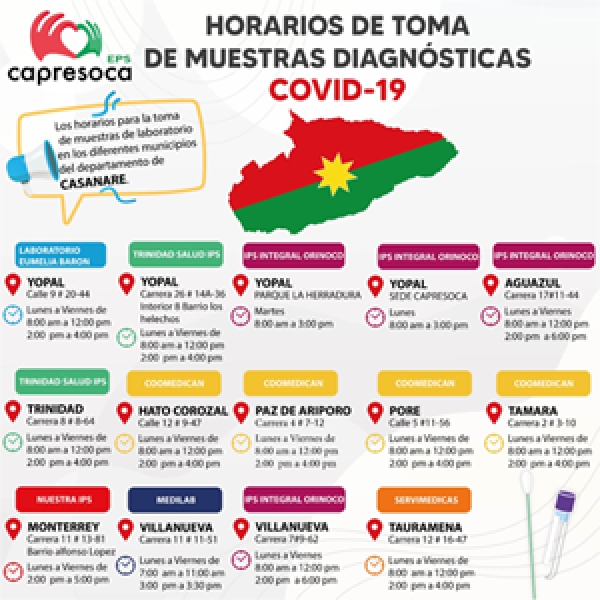 Puntos fijos y móviles tiene habilitados Capresoca para toma de muestras de COVID-19, de manera gratuita