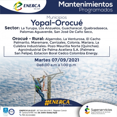 Suspensiones de energía este 7 de septiembre en Yopal y Orocuè