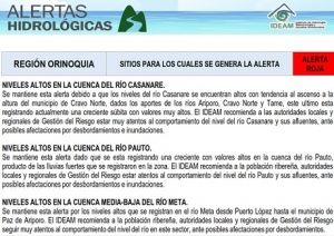 En alerta roja los ríos Casanare, Pauto y Meta: IDEAM