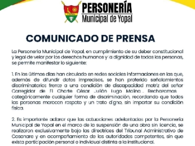 Personería Yopal condenó comentarios discriminatorios en contra del corregidor de El Charte